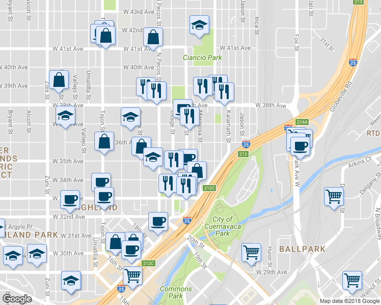 map of restaurants, bars, coffee shops, grocery stores, and more near in Denver