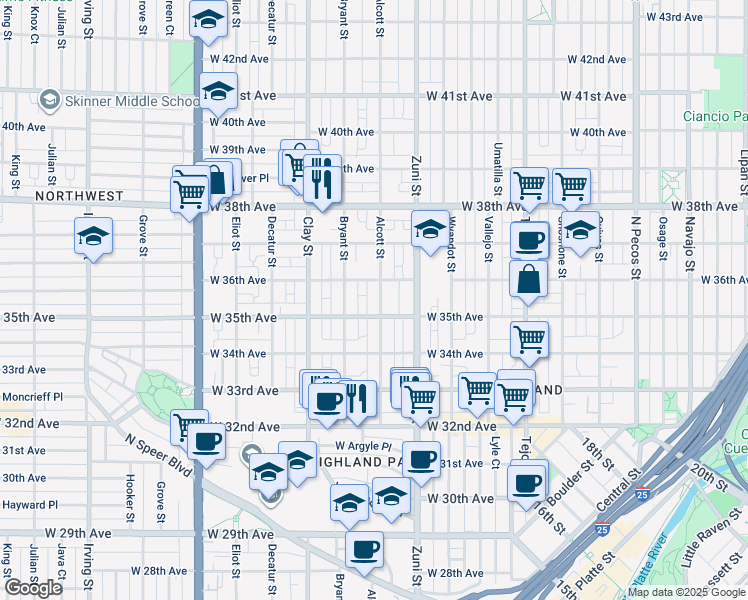 map of restaurants, bars, coffee shops, grocery stores, and more near 2526 West 36th Avenue in Denver