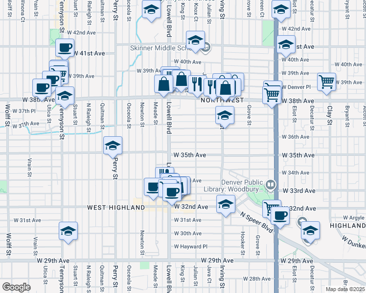 map of restaurants, bars, coffee shops, grocery stores, and more near 3410 West 36th Avenue in Denver
