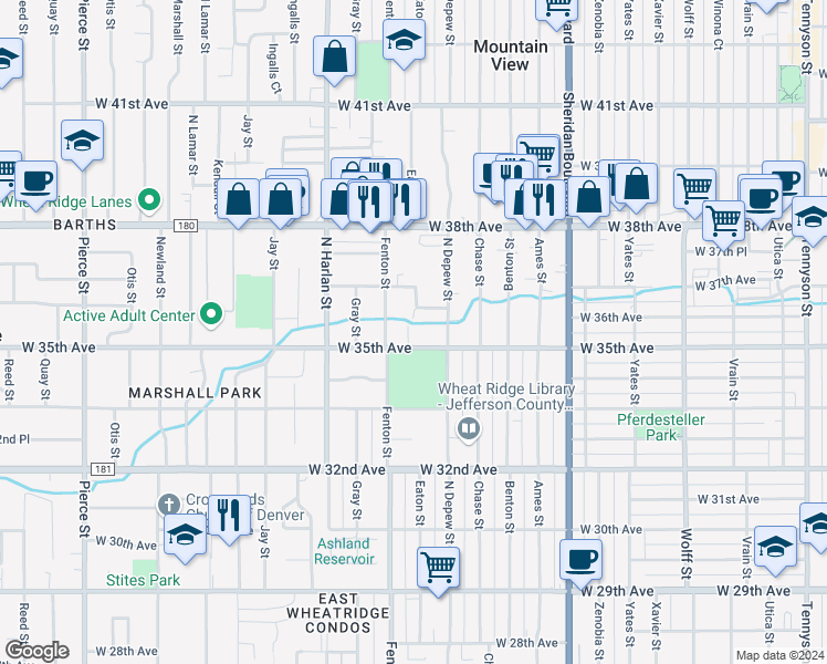 map of restaurants, bars, coffee shops, grocery stores, and more near 3590 Fenton Street in Wheat Ridge