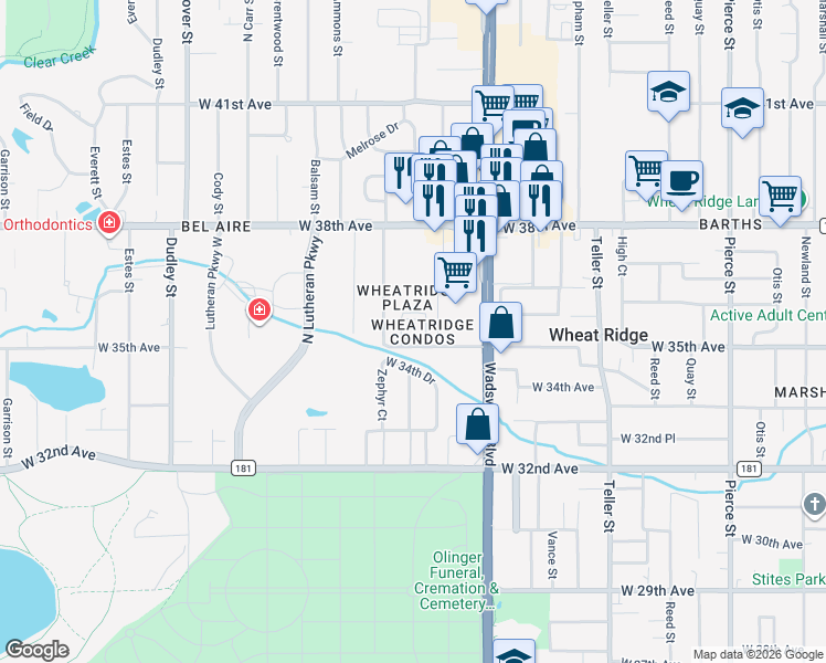 map of restaurants, bars, coffee shops, grocery stores, and more near 7801 West 35th Avenue in Wheat Ridge