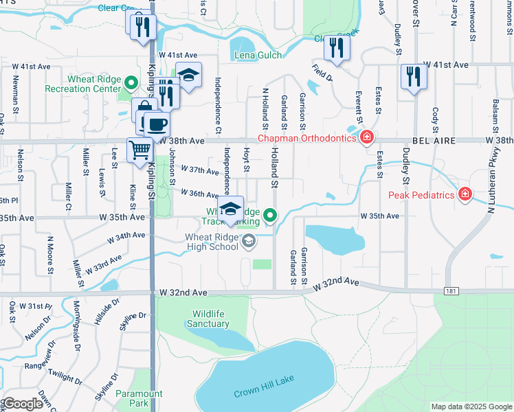 map of restaurants, bars, coffee shops, grocery stores, and more near 3635 Holland Court in Wheat Ridge
