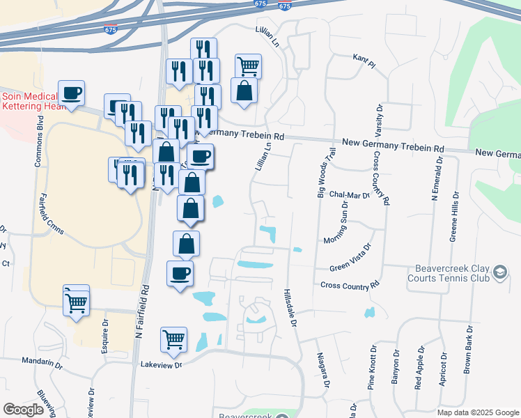 map of restaurants, bars, coffee shops, grocery stores, and more near 2650 Netherland Drive in Beavercreek