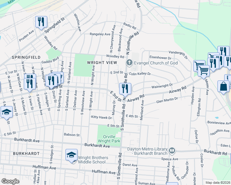 map of restaurants, bars, coffee shops, grocery stores, and more near 4111 East 3rd Street in Dayton