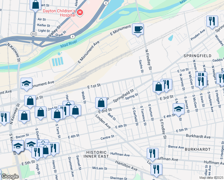 map of restaurants, bars, coffee shops, grocery stores, and more near 42 Lombard Avenue in Dayton