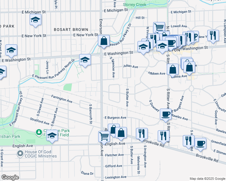 map of restaurants, bars, coffee shops, grocery stores, and more near 5133 Atherton North Drive in Indianapolis