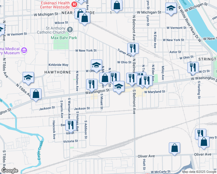 map of restaurants, bars, coffee shops, grocery stores, and more near 19 North Tremont Street in Indianapolis