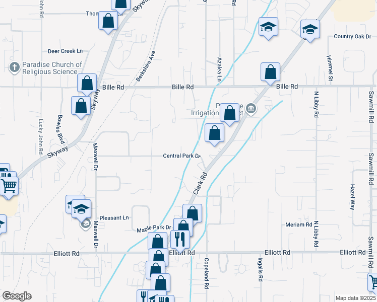 map of restaurants, bars, coffee shops, grocery stores, and more near 999 Central Park Drive in Paradise