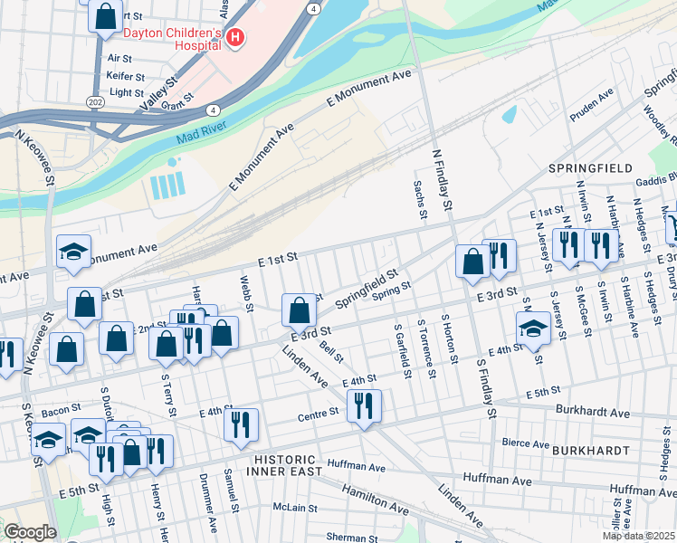 map of restaurants, bars, coffee shops, grocery stores, and more near 42 Lombard Ave in Dayton