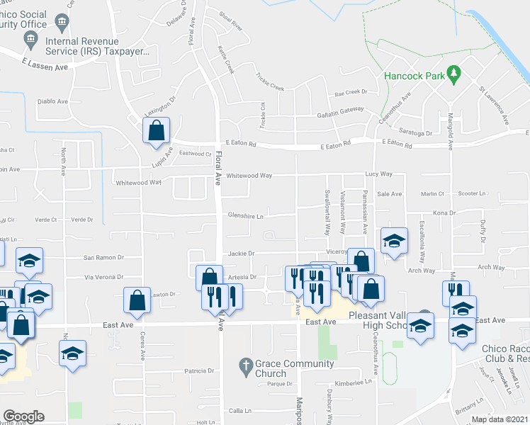 map of restaurants, bars, coffee shops, grocery stores, and more near 2737 Manning Avenue in Chico