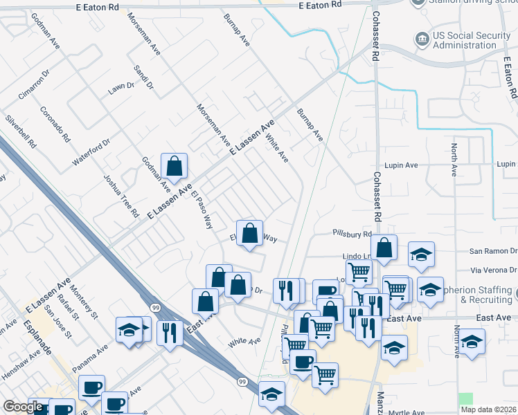 map of restaurants, bars, coffee shops, grocery stores, and more near 701 East Lassen Avenue in Chico