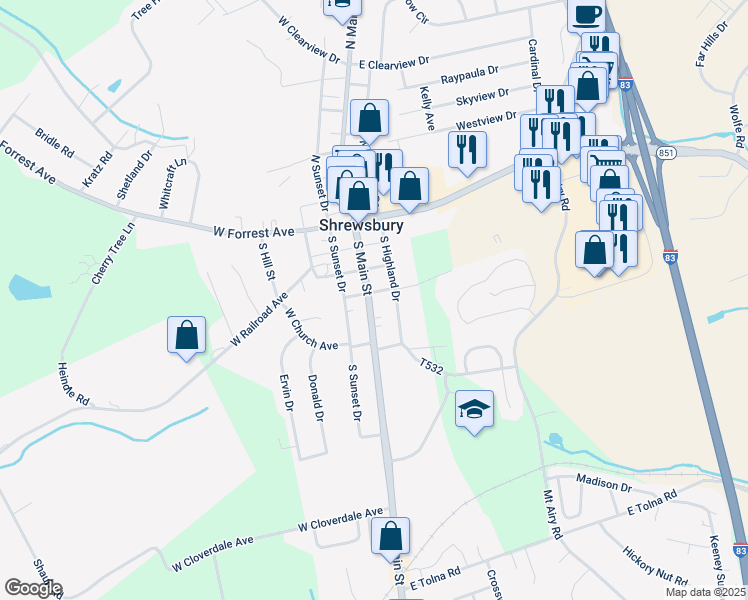 map of restaurants, bars, coffee shops, grocery stores, and more near 125 South Main Street in Shrewsbury