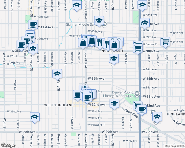 map of restaurants, bars, coffee shops, grocery stores, and more near 3410 West 36th Avenue in Denver