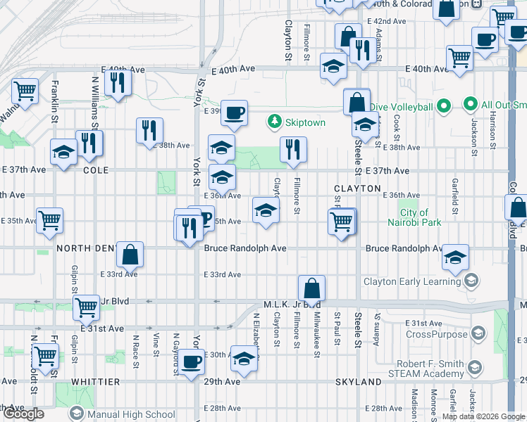 map of restaurants, bars, coffee shops, grocery stores, and more near 3547 Clayton Street in Denver