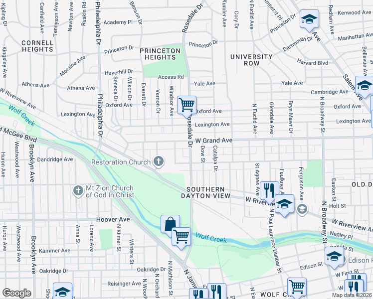 map of restaurants, bars, coffee shops, grocery stores, and more near 1748 West Grand Avenue in Dayton
