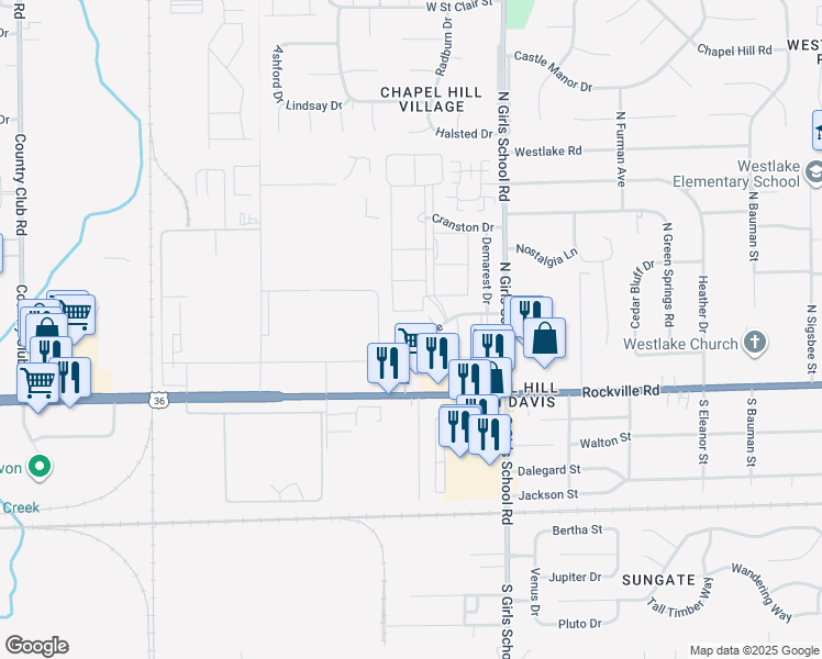 map of restaurants, bars, coffee shops, grocery stores, and more near 7550 Rockville Road in Indianapolis