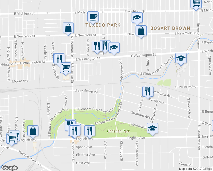 map of restaurants, bars, coffee shops, grocery stores, and more near 203 South Grant Avenue in Indianapolis