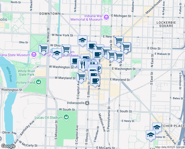 map of restaurants, bars, coffee shops, grocery stores, and more near 29 South Illinois Street in Indianapolis
