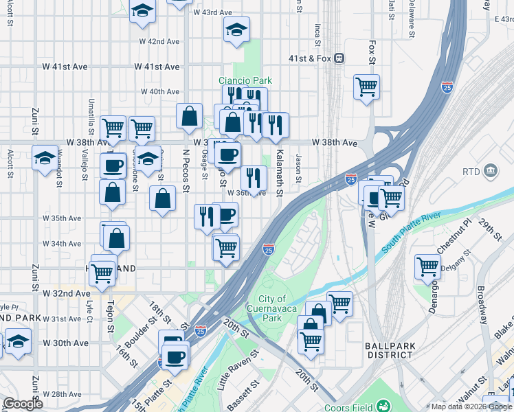 map of restaurants, bars, coffee shops, grocery stores, and more near 3546 Lipan Street in Denver