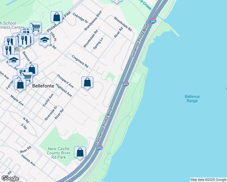 map of restaurants, bars, coffee shops, grocery stores, and more near 4865 Governor Printz Boulevard in Wilmington