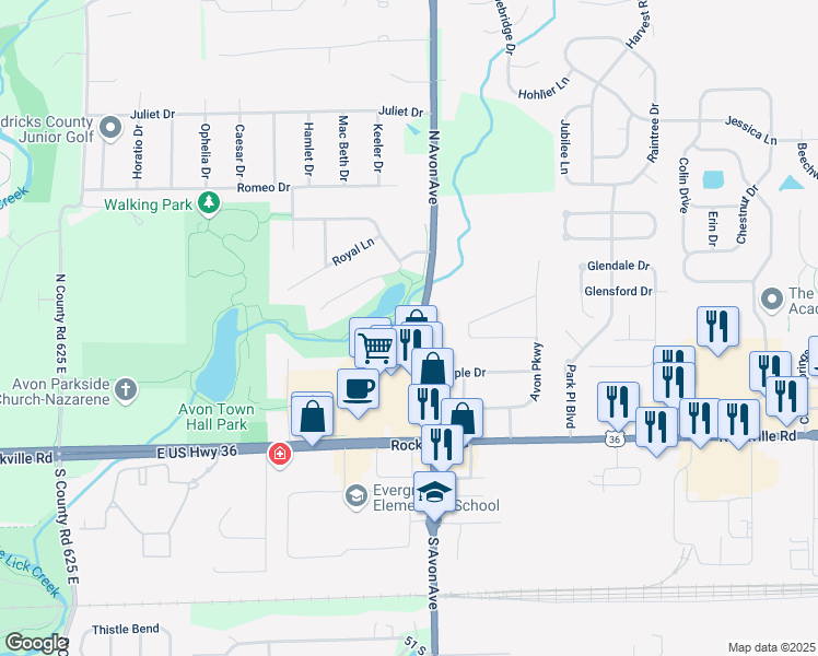 map of restaurants, bars, coffee shops, grocery stores, and more near 261 North Avon Avenue in Avon