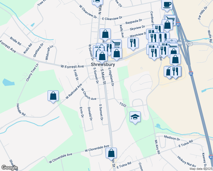 map of restaurants, bars, coffee shops, grocery stores, and more near 125 South Main Street in Shrewsbury