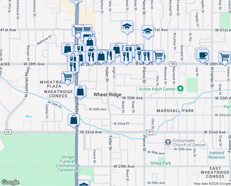 map of restaurants, bars, coffee shops, grocery stores, and more near in Wheat Ridge
