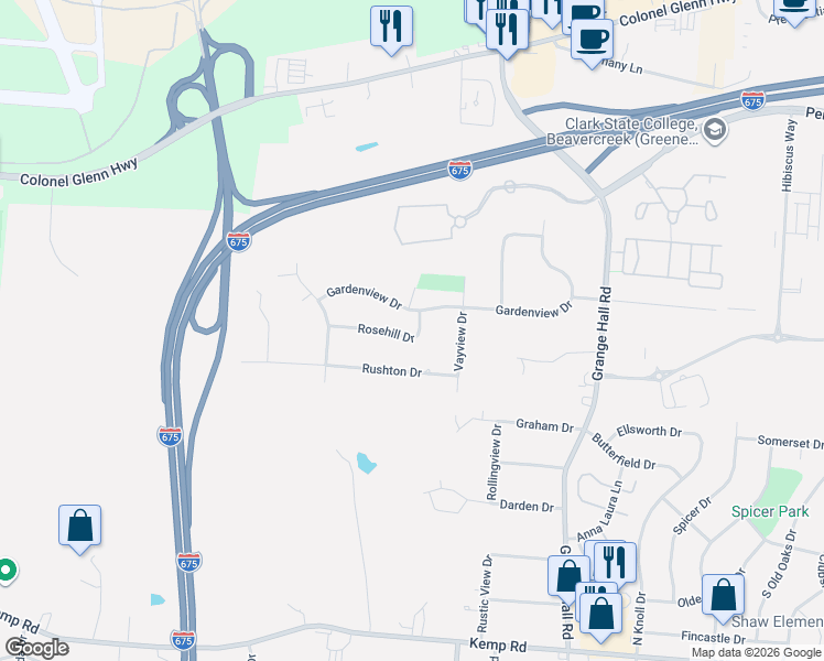 map of restaurants, bars, coffee shops, grocery stores, and more near 4072 Rosehill Drive in Dayton