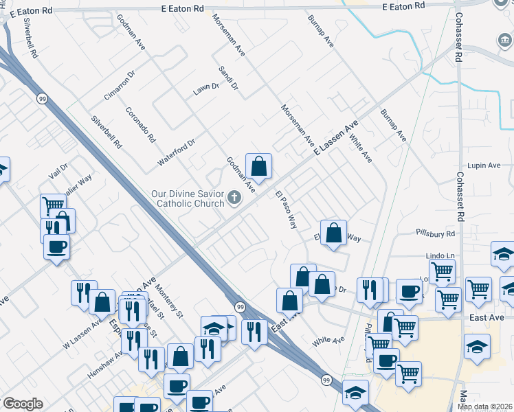 map of restaurants, bars, coffee shops, grocery stores, and more near 591 East Lassen Avenue in Chico