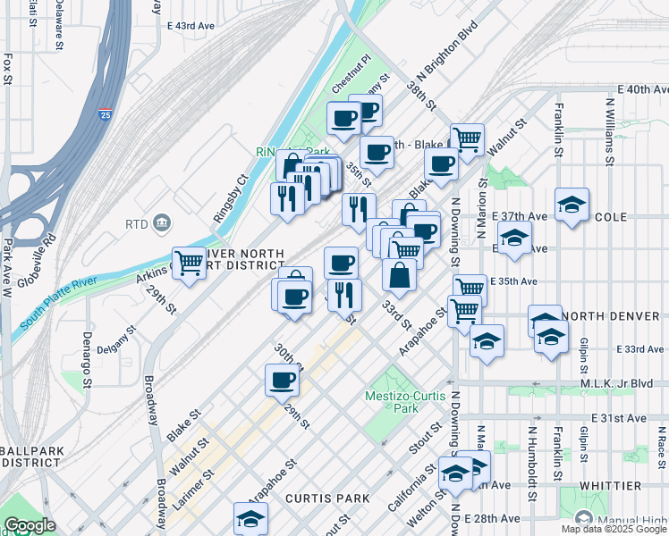 map of restaurants, bars, coffee shops, grocery stores, and more near 3295 Blake Street in Denver