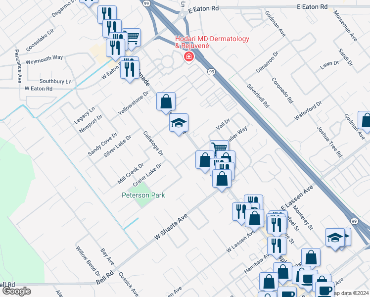 map of restaurants, bars, coffee shops, grocery stores, and more near 140 Amber Grove Drive in Chico