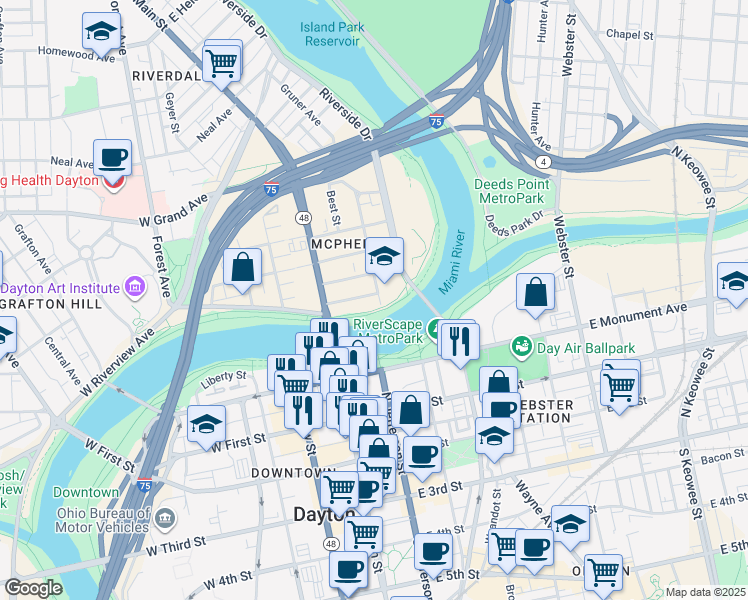 map of restaurants, bars, coffee shops, grocery stores, and more near 53 Linwood Street in Dayton