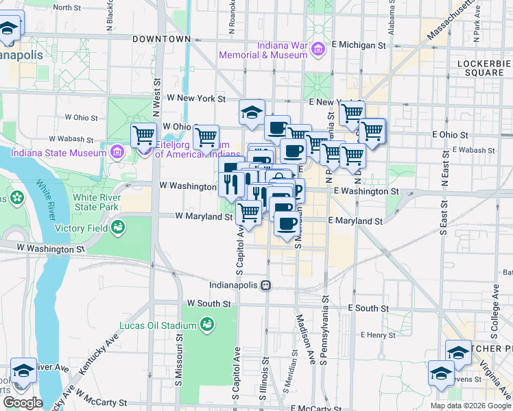 map of restaurants, bars, coffee shops, grocery stores, and more near 1 South Capitol Avenue in Indianapolis