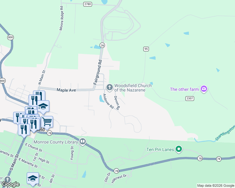 map of restaurants, bars, coffee shops, grocery stores, and more near 229 Maple Avenue in Woodsfield