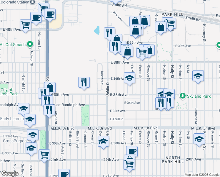 map of restaurants, bars, coffee shops, grocery stores, and more near 3545 Eudora Street in Denver