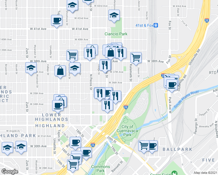 map of restaurants, bars, coffee shops, grocery stores, and more near in Denver
