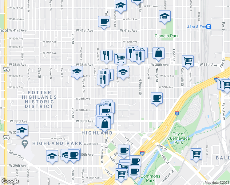 map of restaurants, bars, coffee shops, grocery stores, and more near in Denver
