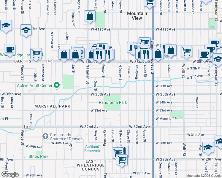 map of restaurants, bars, coffee shops, grocery stores, and more near 3590 Fenton Street in Wheat Ridge