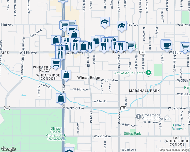 map of restaurants, bars, coffee shops, grocery stores, and more near in Wheat Ridge