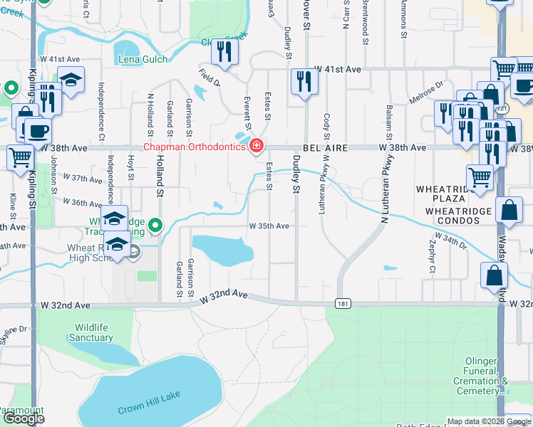 map of restaurants, bars, coffee shops, grocery stores, and more near 3575 Estes Street in Wheat Ridge