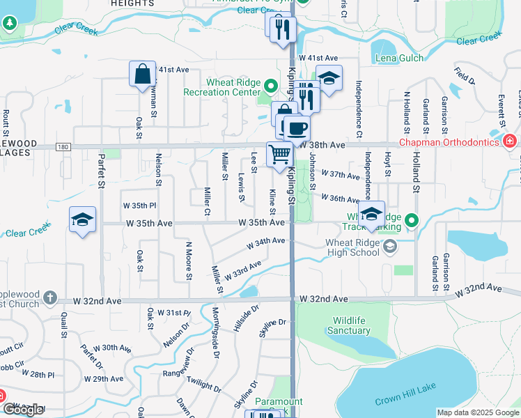 map of restaurants, bars, coffee shops, grocery stores, and more near 3555 Kline Street in Wheat Ridge