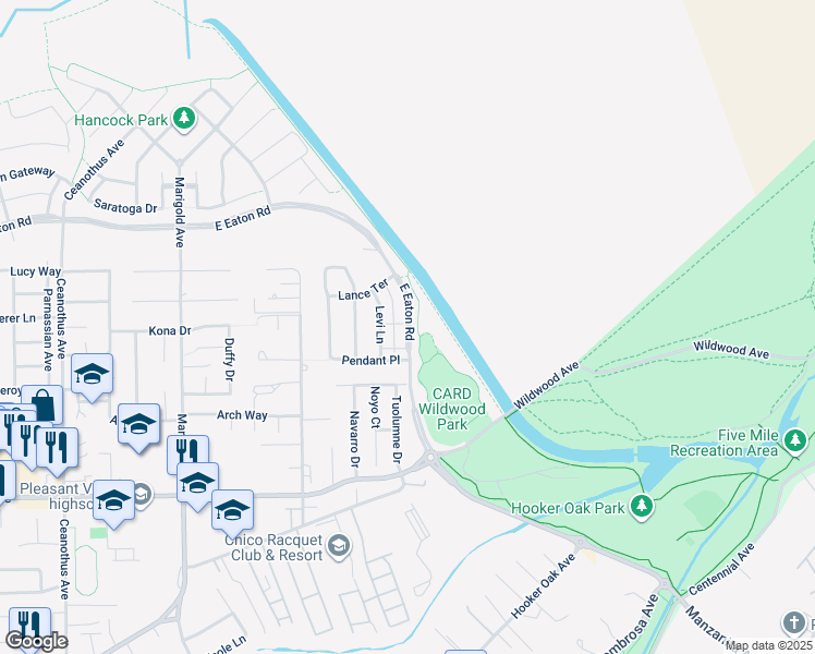 map of restaurants, bars, coffee shops, grocery stores, and more near 3491 East Eaton Road in Chico