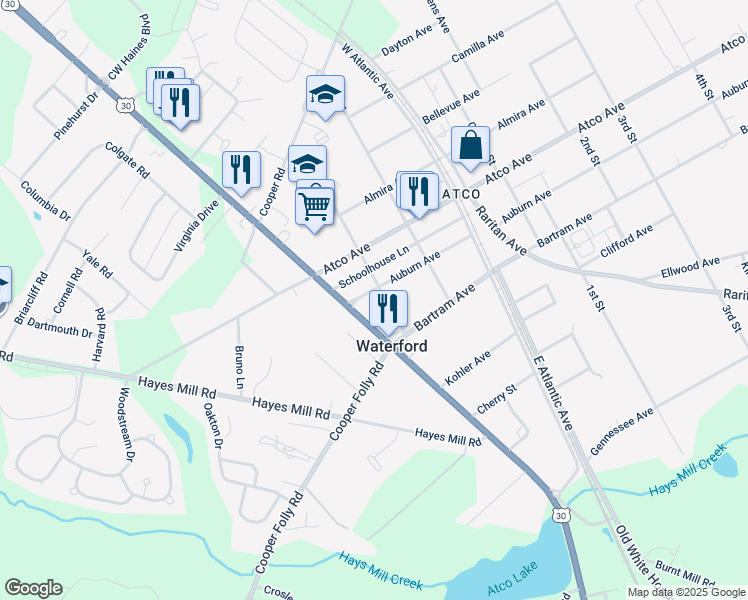 map of restaurants, bars, coffee shops, grocery stores, and more near 2121 Auburn Avenue in Atco