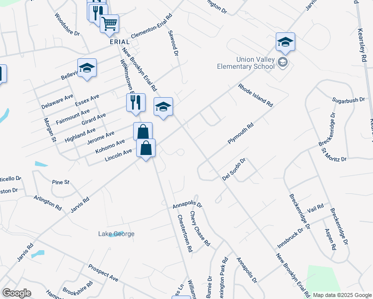 map of restaurants, bars, coffee shops, grocery stores, and more near 1645 New Brooklyn Erial Road in Sicklerville