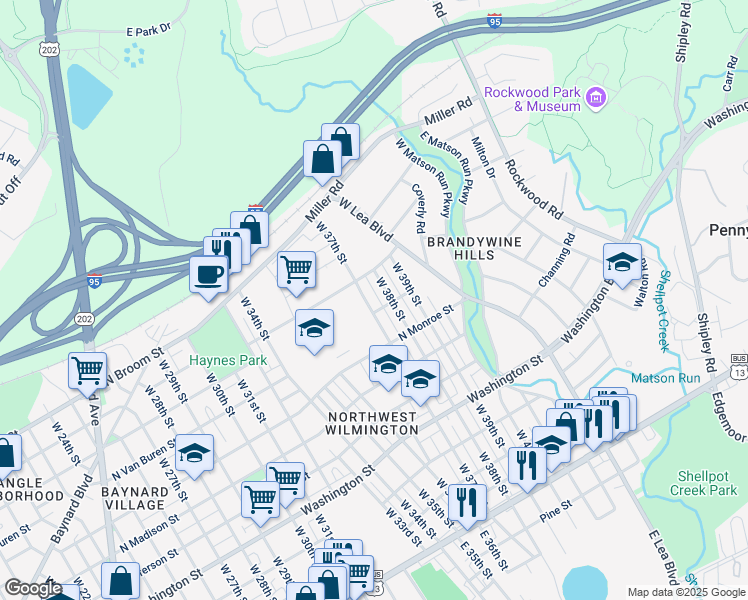 map of restaurants, bars, coffee shops, grocery stores, and more near 717 West 37th Street in Wilmington