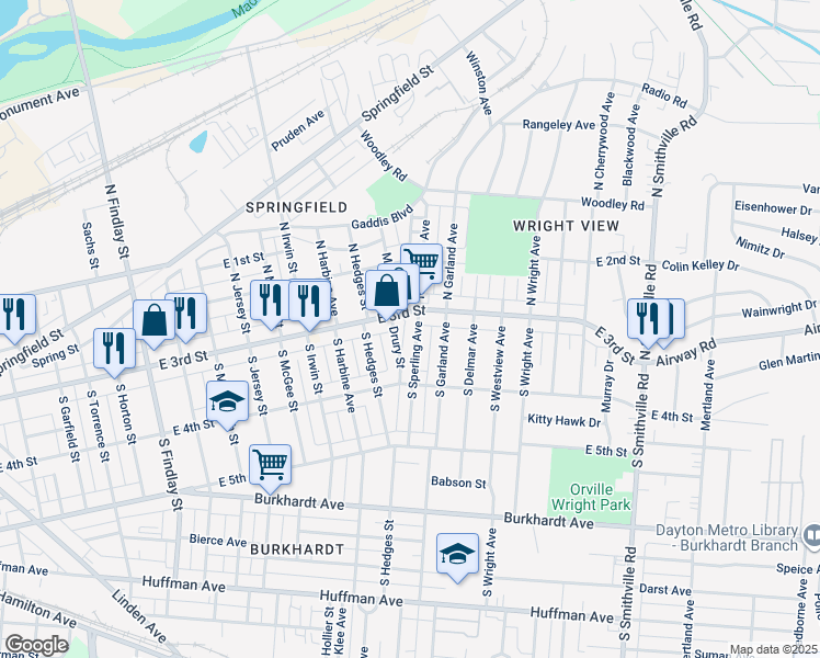 map of restaurants, bars, coffee shops, grocery stores, and more near 3420 East 3rd Street in Dayton
