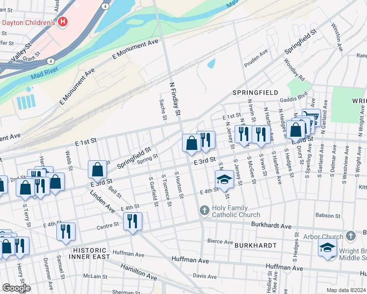 map of restaurants, bars, coffee shops, grocery stores, and more near 2604 East 2nd Street in Dayton