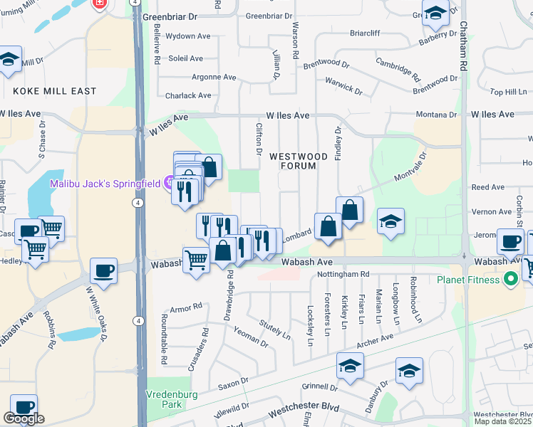 map of restaurants, bars, coffee shops, grocery stores, and more near 2901-3099 Bennington Dr in Springfield