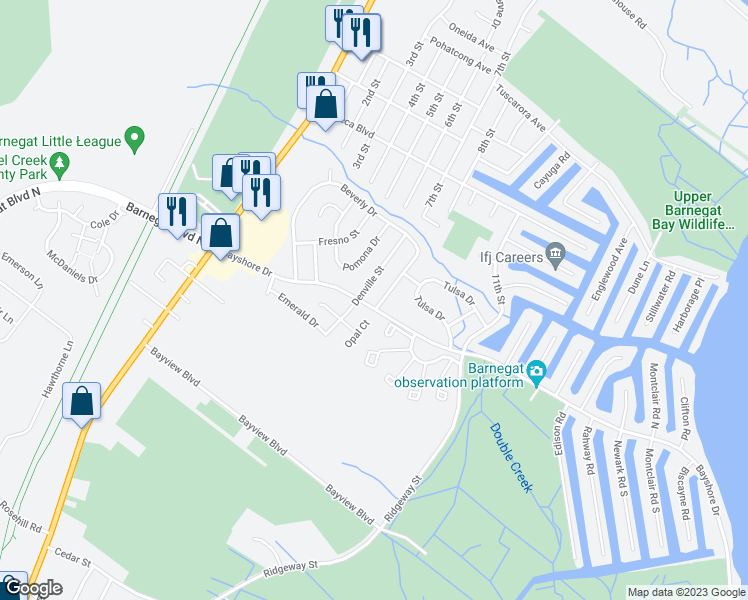 map of restaurants, bars, coffee shops, grocery stores, and more near 194 Beverly Drive in Barnegat Township