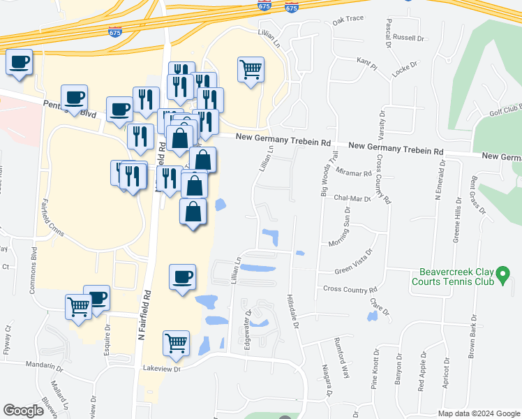 map of restaurants, bars, coffee shops, grocery stores, and more near 2650 Netherland Drive in Beavercreek